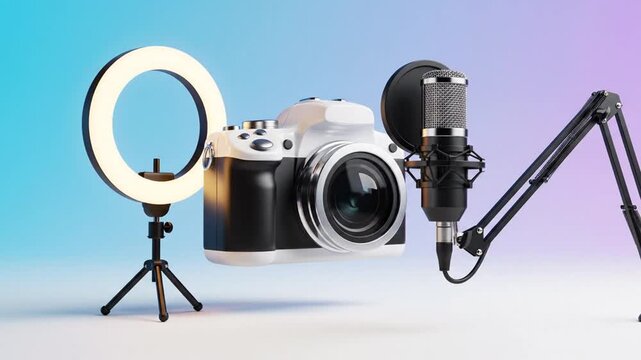 Professional videography icon with camera microphone and ring light