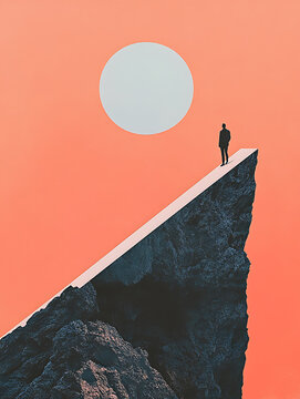 Man standing on cliff edge looking at a large circle in the sky