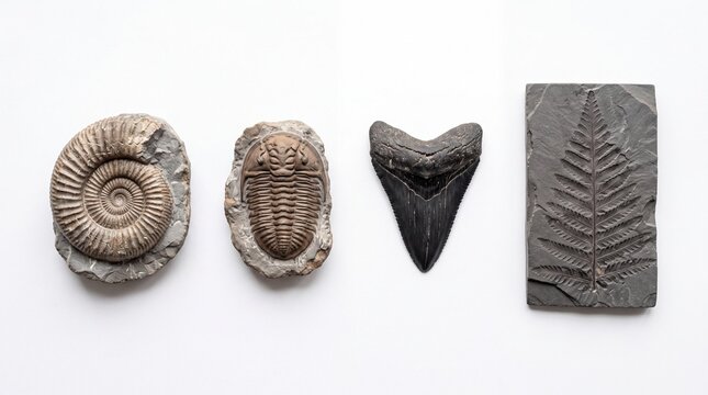 Set of ancient fossils including ammonite and shark tooth
