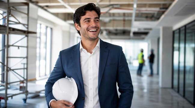 Confident Businessman Holding Hard Hat at Construction Site