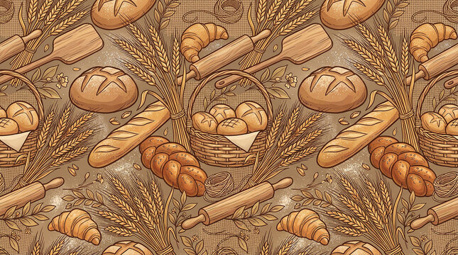 Detailed artisan bread and wheat pattern with baskets of rolls and rolling pins.
