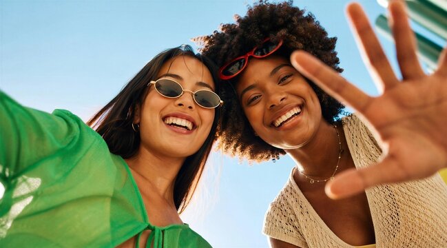 Two Happy Women Friends Laughing Outdoors in Summer Sun