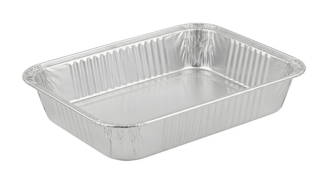 Disposable aluminum foil tray for food packaging. Rectangular silver foil container for catering. Metallic baking pan on white background.