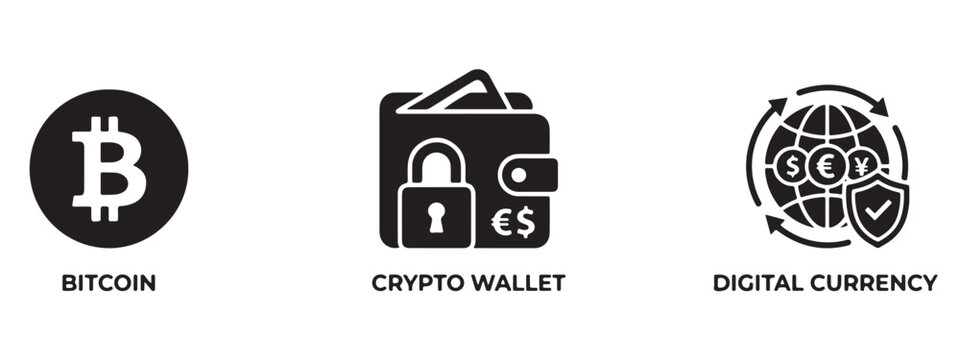 Set of cryptocurrency icons including bitcoin, secure crypto wallet and digital currency.