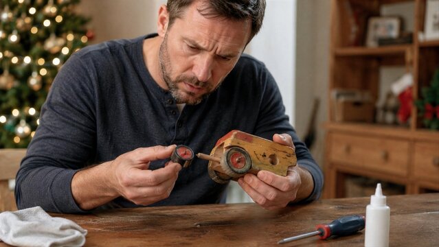 Man Fixing a Broken Wooden Toy Car at a Table During the Holidays