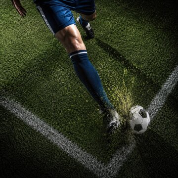 Top-down view of soccer player in blue uniform kicking ball near white touchline with turf splashes. Professional football, pass, corner kick, action, athletic performance, and competition concept.