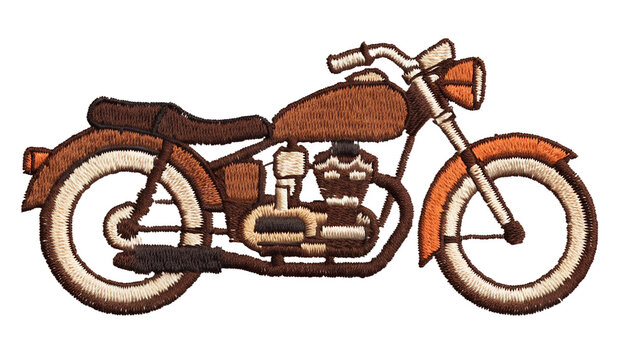 A vintage embroidered fabric patch featuring a classic motorcycle in side view, detailed stitched threadwork, thick embroidered border, visible woven textile texture, bold simplified shapes, slightly 