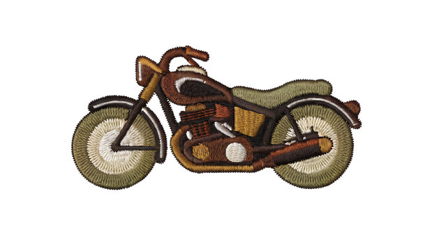 A vintage embroidered fabric patch featuring a classic motorcycle in side view, detailed stitched threadwork, thick embroidered border, visible woven textile texture, bold simplified shapes, slightly 