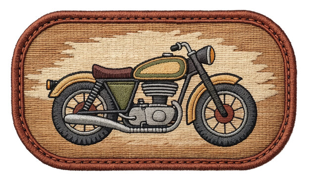 A vintage embroidered fabric patch featuring a classic motorcycle in side view, detailed stitched threadwork, thick embroidered border, visible woven textile texture, bold simplified shapes, slightly 