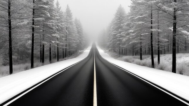 A tranquil winter road flanked by snow-covered trees leads into the misty unknown of a serene forest