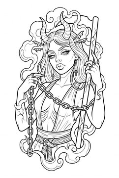 Horned Oni Woman with Chain and Staff Weapon Coloring Pages Line Art