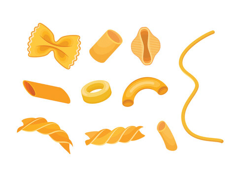 Different types of pasta icon set vector illustration. Different varieties of pasta icons isolated on a white background. Bow tie pasta, conchiglie, fusilli, penne and others