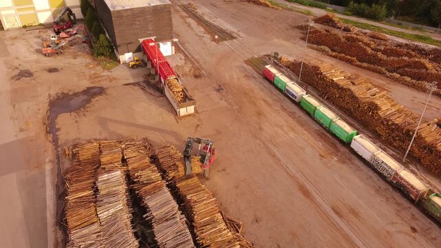 Aerial view of a log stacker and freight wagons at a pulp and paper mill log yard in warm morning light, Gratkorn, Styria, Austria