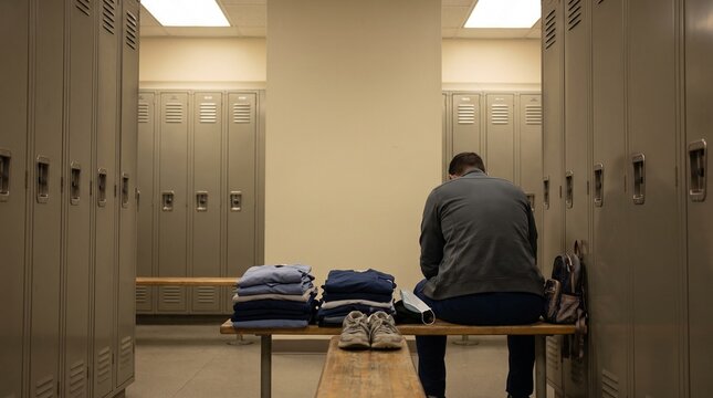 A solitary man sits dejectedly on a wooden bench in a quiet locker room, contemplating his thoughts amidst the rows of metal lockers and folded clothes