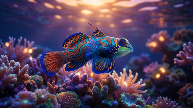 Psychedelic Mandarin Fish Hovering Over Dusk Coral Reef Symbolizing Vibrant Innovation, Rarity, and Ocean Elegance