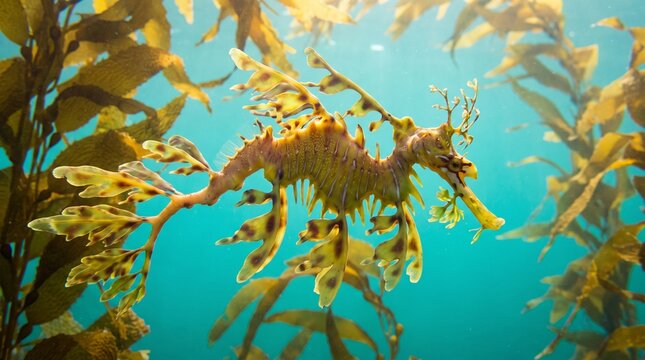 Majestic Leafy Seadragon Drifting in Kelp Forest Symbolizing Underwater Elegance, Unique Marine Life, and Natural Harmony