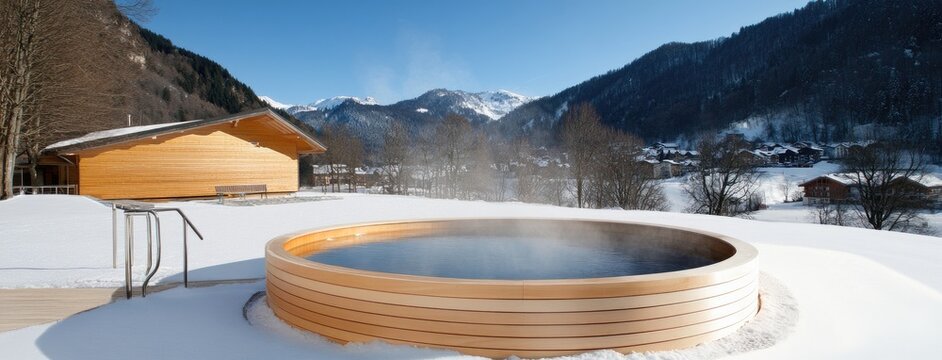 Relaxing in a wooden hot tub surrounded by snowy alpine landscapes beneath a clear blue sky at a ski resort