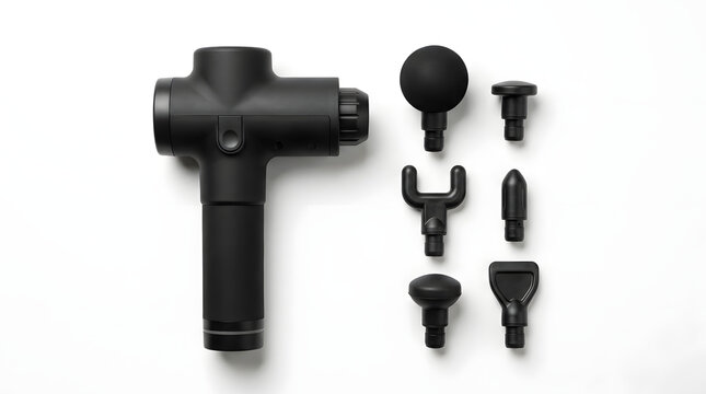 Black electric massage gun with various interchangeable heads for muscle relief
