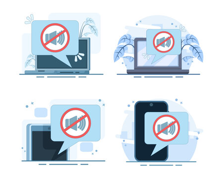 Set of mute mode sign for mobile phone flat cartoon vectors. Features a no sound sign, volume off for smartphones, and cellphone silence zone symbol on an isolated background for digital UI.
