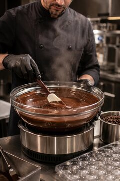 Chocolatier wearing black chef coat and gloves stirring steaming melted dark chocolate with a silicone spatula in a glass bowl over a double boiler. Vertical shot of artisan confectionery and chocolat
