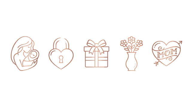 Set of five rose gold line art icons representing motherhood, love, gifts, flowers, and affection
