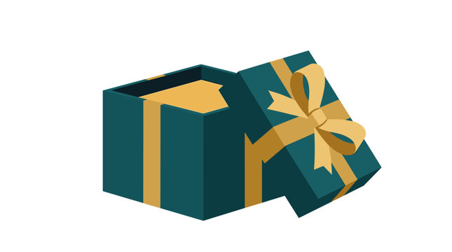 An open dark teal gift box with a yellow ribbon and a bow resting beside it, isolated on white