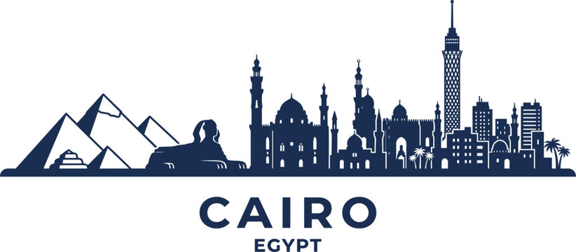 Cairo Egypt city skyline blue silhouette vector illustration featuring ancient pyramids sphinx mosque and cairo tower landmarks.