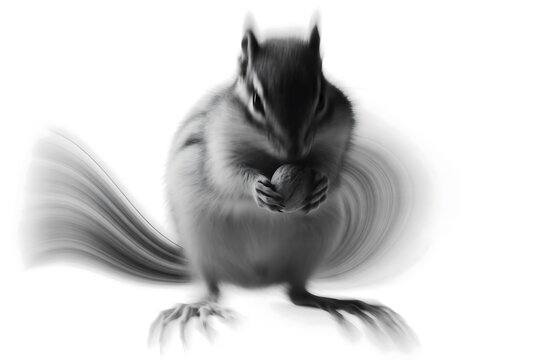Cute chipmunk holding a nut isolated on a white background with artistic motion blur.