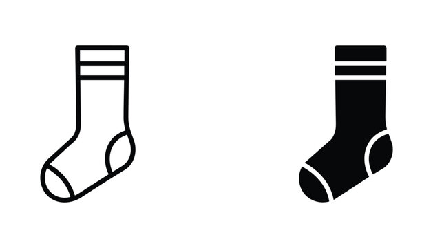 Sock vector icon isolated on white Black and white outline line art and solid glyph silhouette