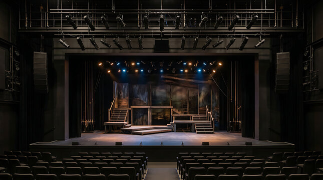 Empty theatrical stage with dramatic colorful stage lighting
