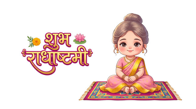 Little radha rani sitting on carpet for radhashtami celebration isolated on transparent background