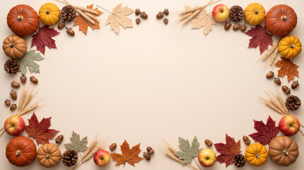 Fototapeta premium A vibrant autumnal display featuring colorful gourds crisp apples fallen leaves and juicy berries creates a beautiful decorative frame on a light neutral backdrop