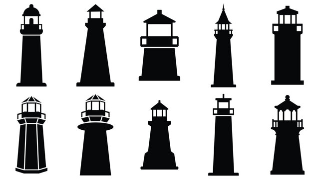 Lighthouse silhouette icons set, marine beacon tower collection, sea coastal navigation symbol, searchlight architecture design