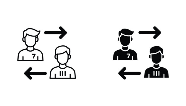Player substitution vector icon isolated on white Black and white outline line art and solid glyph silhouette