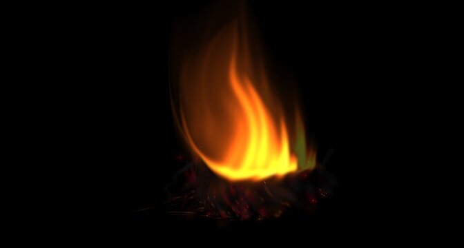 Realistic Golden Flame with Glowing Sparks on Black Background