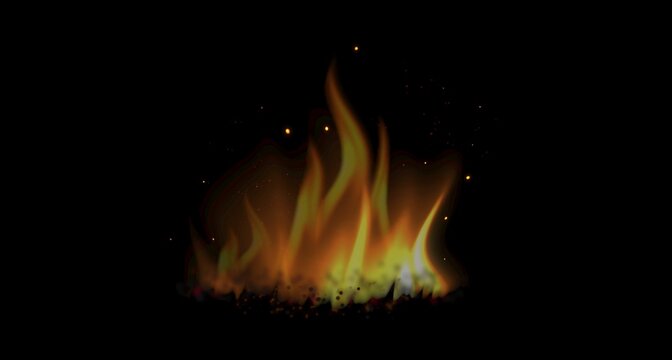 Realistic Golden Flame with Glowing Sparks on Black Background