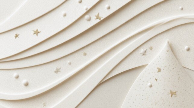Cream layered paper cut christmas background with gold star accents and wavy texture for holiday card poster background and seasonal design