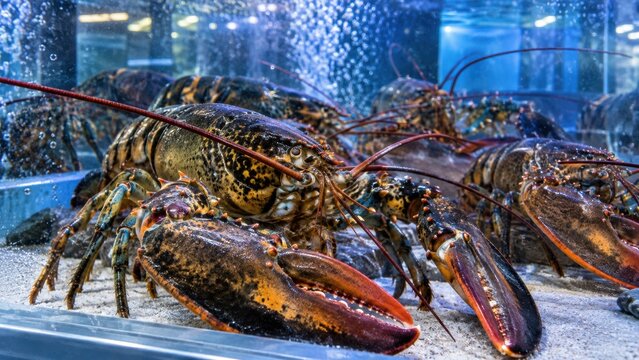 Close-up shot of live lobsters with rubber bands on their claws inside a clear restaurant display water tank with air bubbles. Concept of fresh seafood, luxury dining, gourmet food market, and delicac