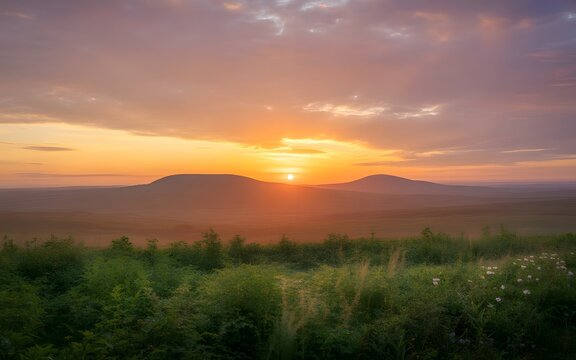 Golden sun setting behind rolling hills illuminates vast open fields with vibrant orange light while soft clouds float gracefully above the scenic horizon creating a peaceful and serene natural atmosp