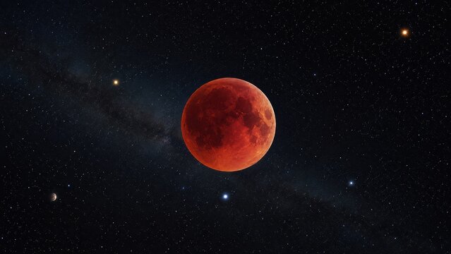 Astrophotography shot of a total lunar eclipse, also known as a blood moon, glowing red in the center of a dark starry night sky filled with stars and the faint silhouette of the Milky Way galaxy. Ast