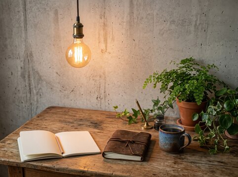Rustic Wooden Desk with Open Notebook and Warm Hanging Light in Cozy Home Workspace