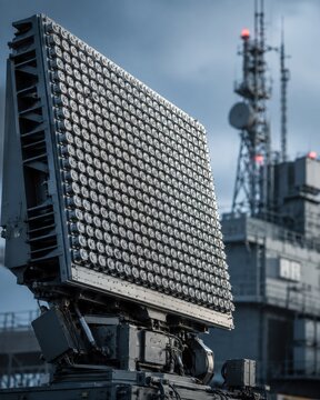 Vertical close-up shot of a military active electronically scanned array (AESA) phased array radar system with a communications tower and industrial background under a cloudy sky. Air defense, militar