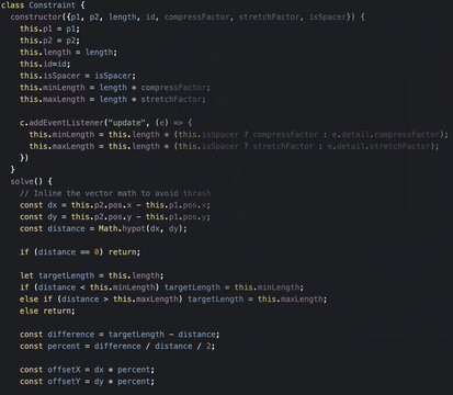 JavaScript Code for Constraint-Based Physics Simulation and Vector Distance Calculation