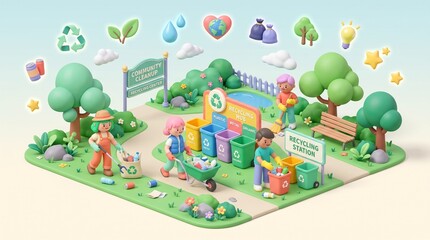 Naklejka premium Community Recycling Cleanup Event 3D Illustration with Colorful Bins and Volunteers