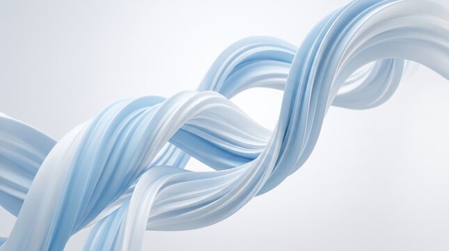 Abstract of twisted blue and white ribbon flowing smoothly against clean white, fluid dynamic shape design element, soft pastel colors, minimalist art, wave pattern texture