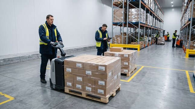 Warehouse workers moving palletized boxes with electric pallet jacks and tablet