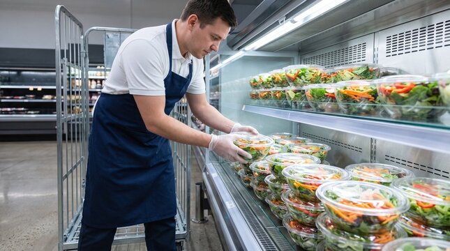 A man wearing an apron and gloves stocks pre packaged salads in a refrigerated display case