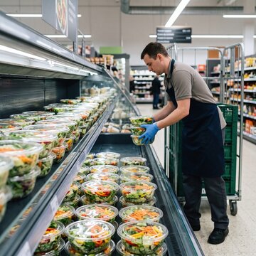 Grocer restocking chilled display with multiple prepackaged fresh salads