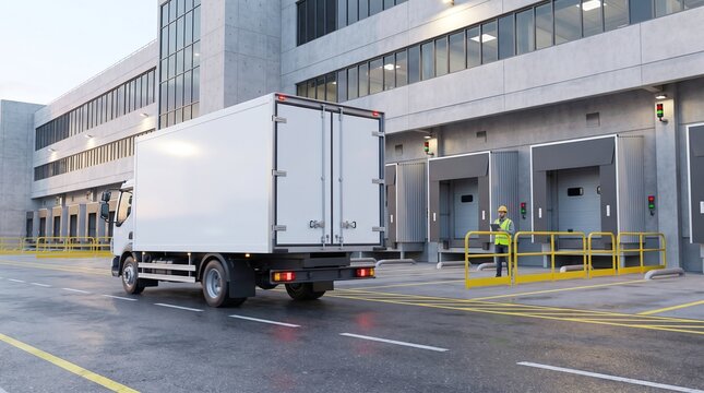 White box truck parked at loading docks beside a modern industrial building