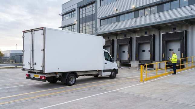 White box truck parked at loading docks of a modern industrial warehouse building